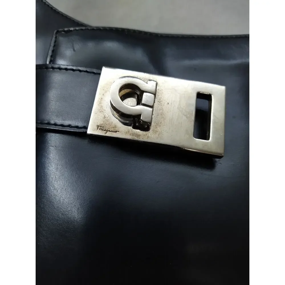 Salvatore Ferragamo Black Patent Leather Zipper Closure Hobo Shoulder Bag